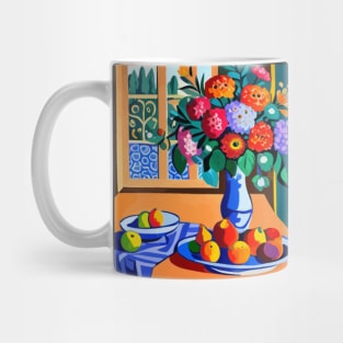 Still Life Painting with Colorful Flowers in a Blue Vase Mug